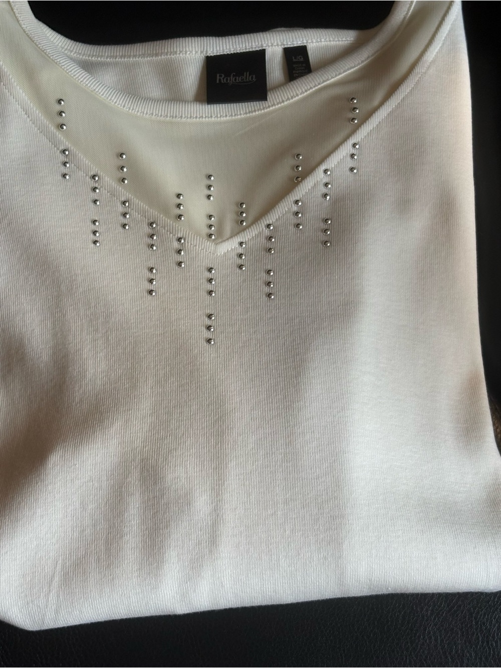 Rafaella White V-Neck Top with Silver Stud Accents